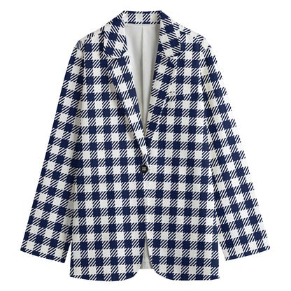 Navy And White Gingham Pattern Print Women's Cotton Blazer