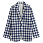 Navy And White Gingham Pattern Print Women's Cotton Blazer