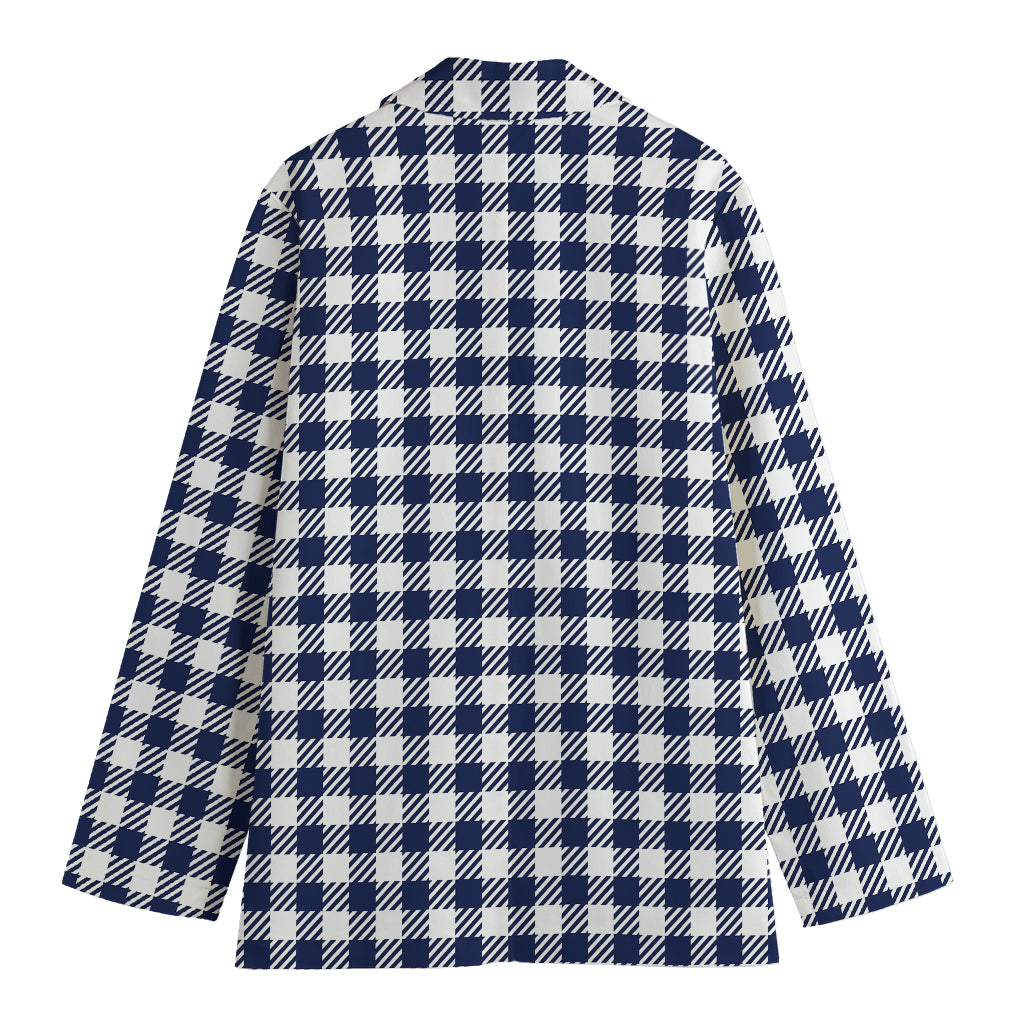 Navy And White Gingham Pattern Print Women's Cotton Blazer