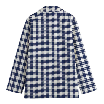 Navy And White Gingham Pattern Print Women's Cotton Blazer