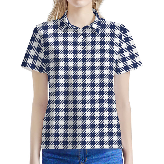 Navy And White Gingham Pattern Print Women's Polo Shirt