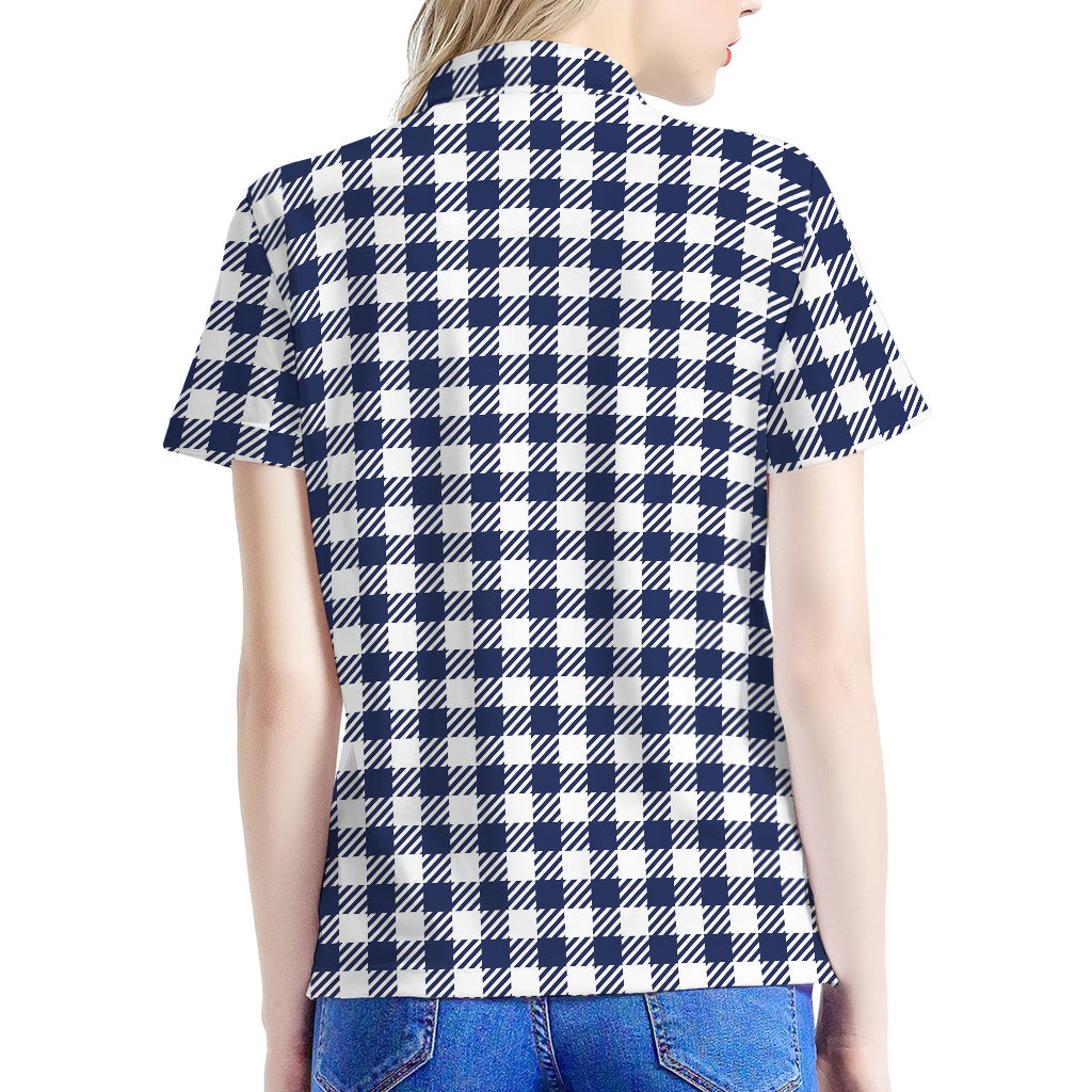 Navy And White Gingham Pattern Print Women's Polo Shirt