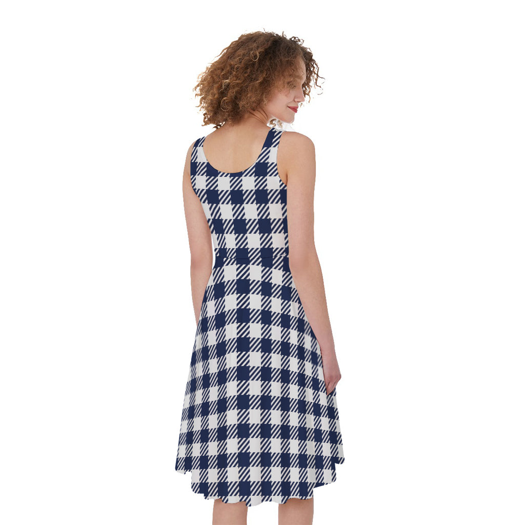 Navy And White Gingham Pattern Print Women's Sleeveless Dress