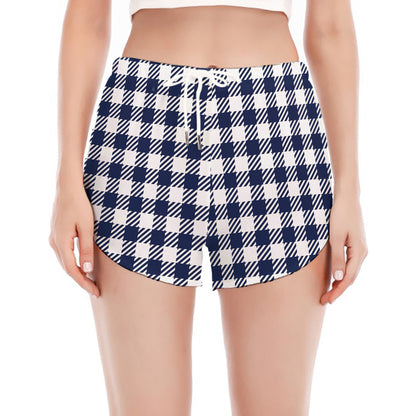Navy And White Gingham Pattern Print Women's Split Running Shorts