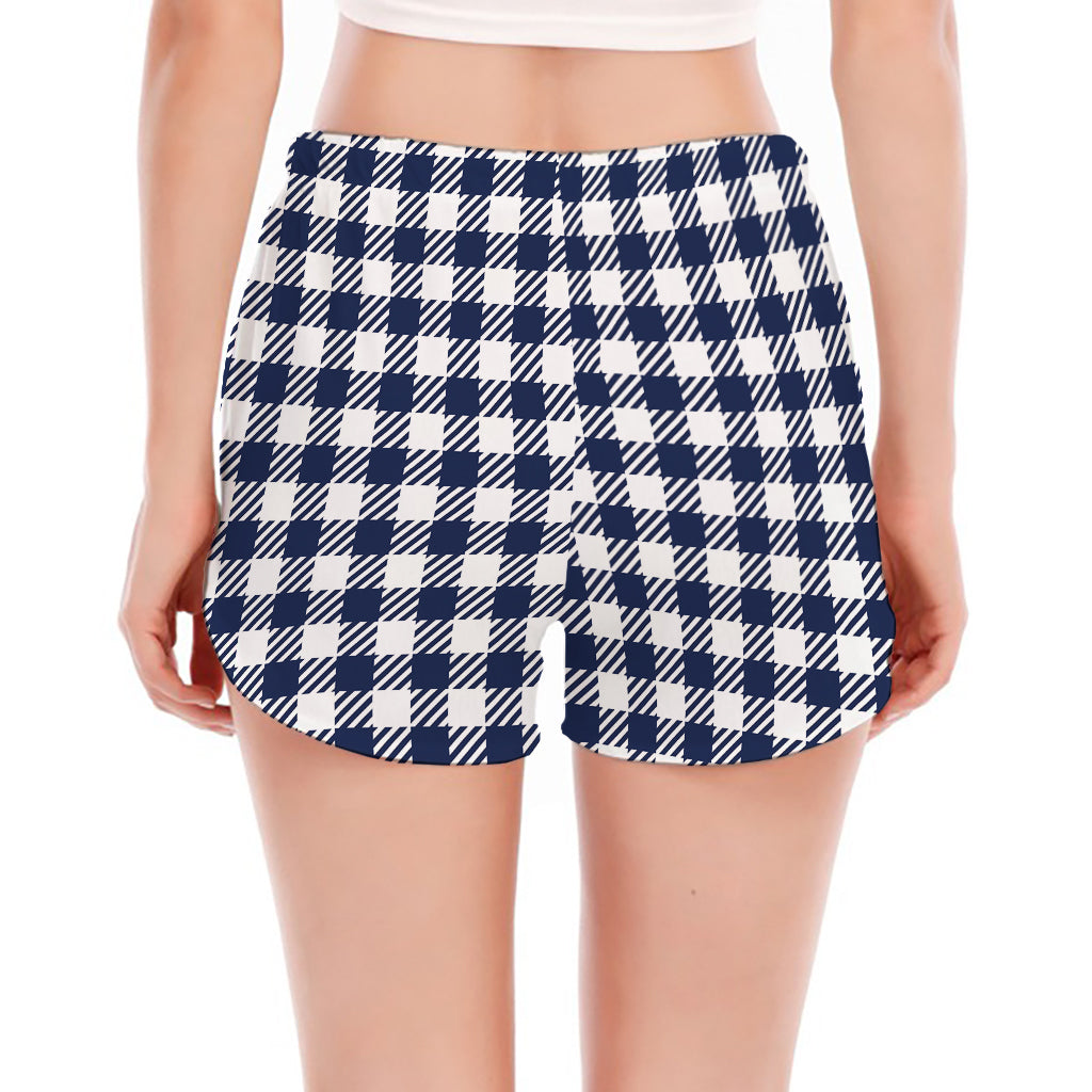 Navy And White Gingham Pattern Print Women's Split Running Shorts