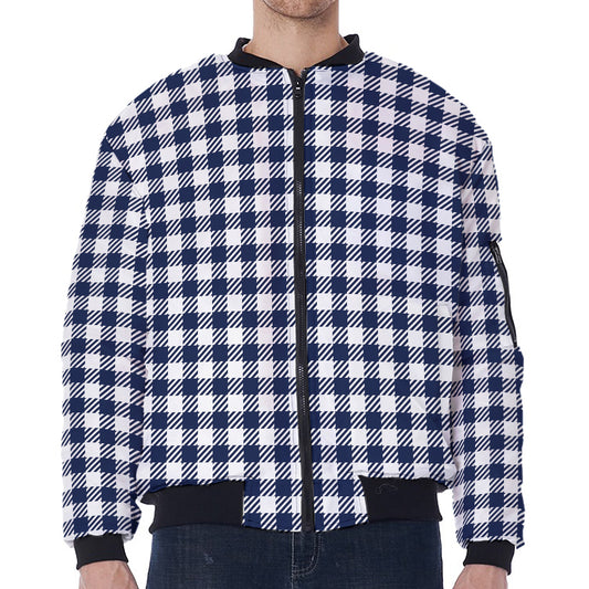 Navy And White Gingham Pattern Print Zip Sleeve Bomber Jacket
