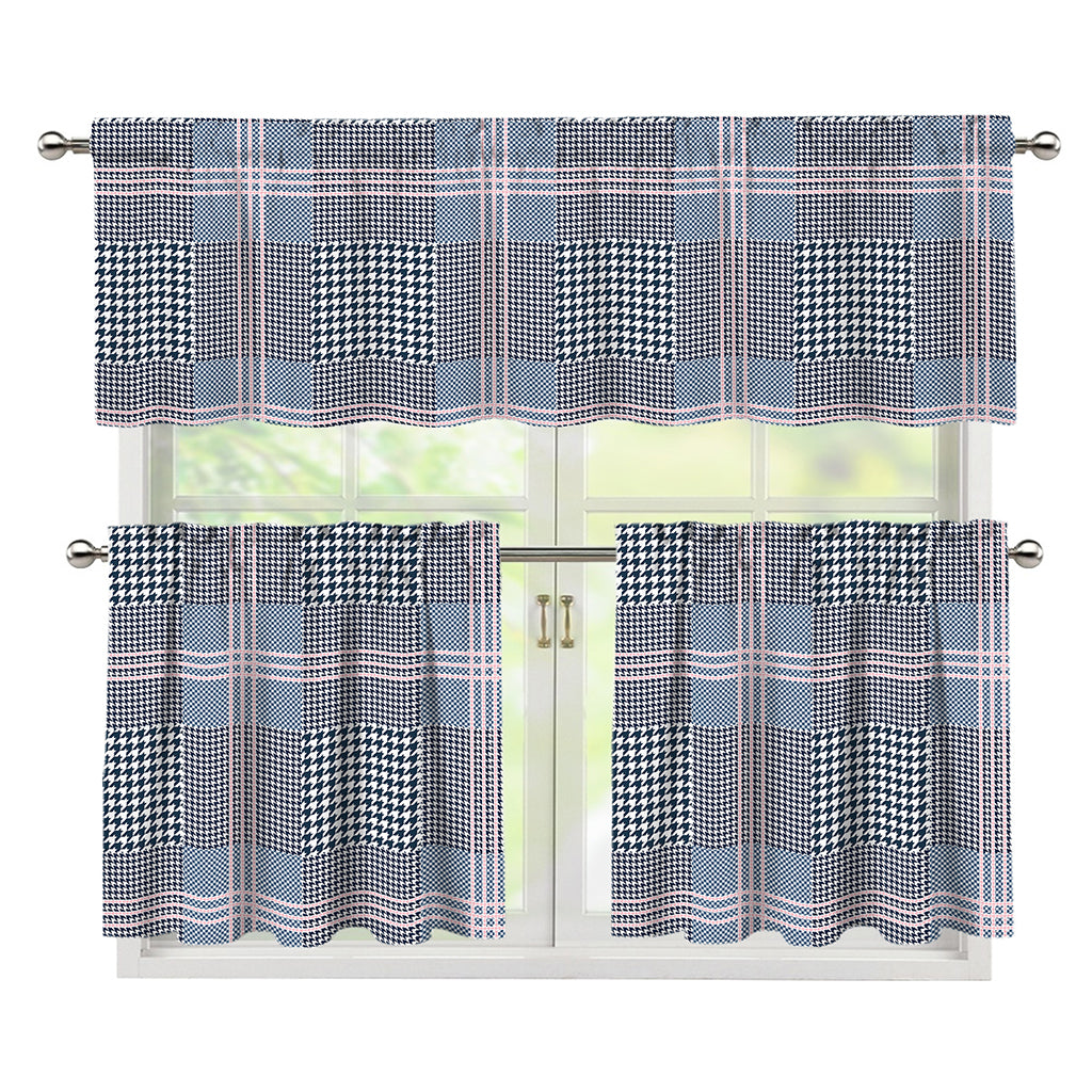 Navy And White Glen Plaid Print 3 Piece Kitchen Curtains