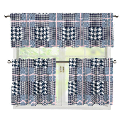 Navy And White Glen Plaid Print 3 Piece Kitchen Curtains