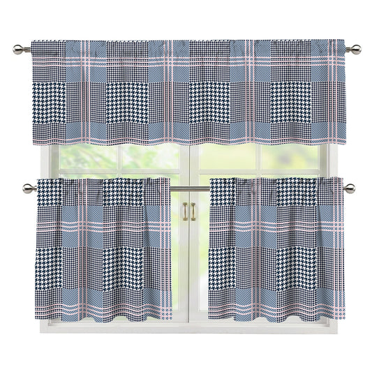 Navy And White Glen Plaid Print 3 Piece Kitchen Curtains
