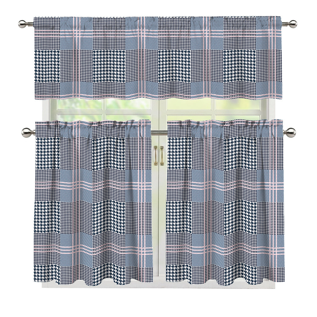 Navy And White Glen Plaid Print 3 Piece Kitchen Curtains