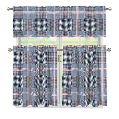 Navy And White Glen Plaid Print 3 Piece Kitchen Curtains