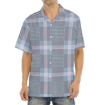 Navy And White Glen Plaid Print Aloha Shirt
