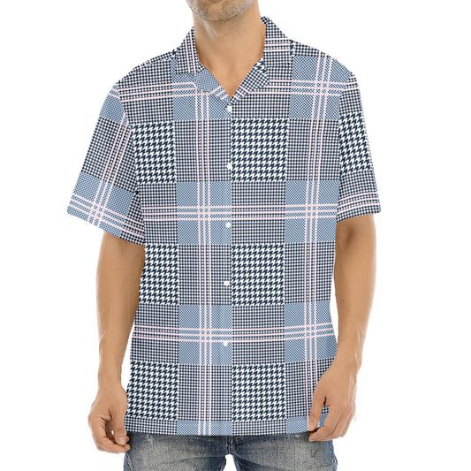 Navy And White Glen Plaid Print Aloha Shirt