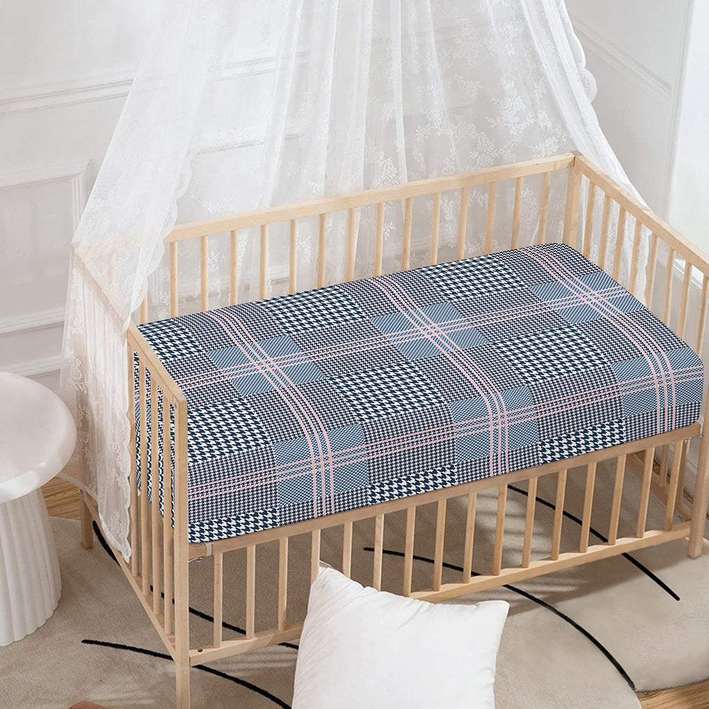 Navy And White Glen Plaid Print Baby Crib Sheet