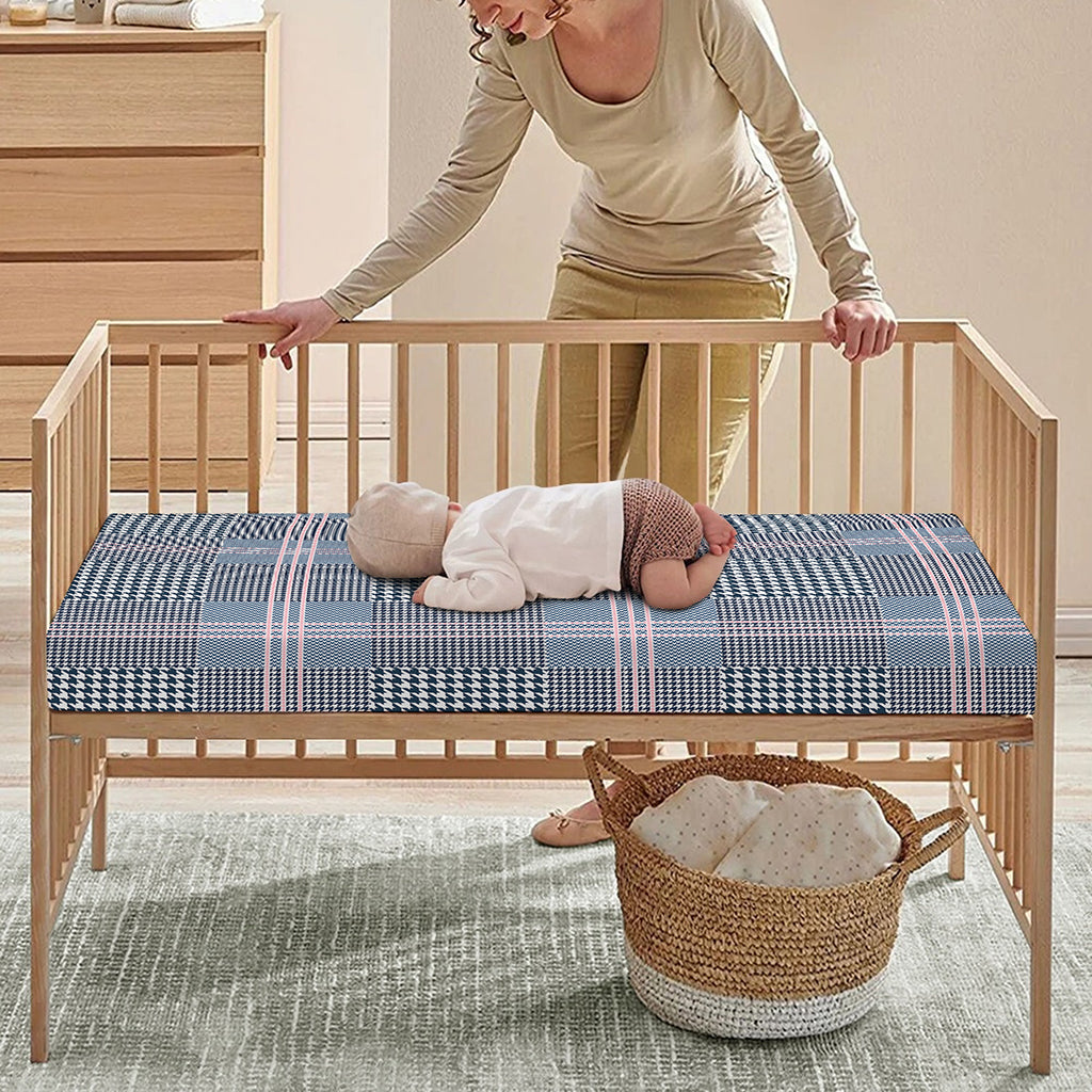 Navy And White Glen Plaid Print Baby Crib Sheet