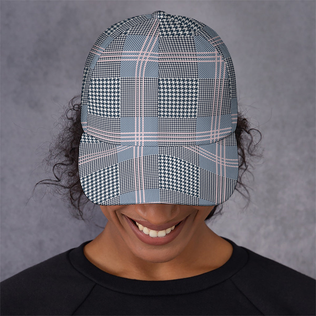 Navy And White Glen Plaid Print Baseball Cap