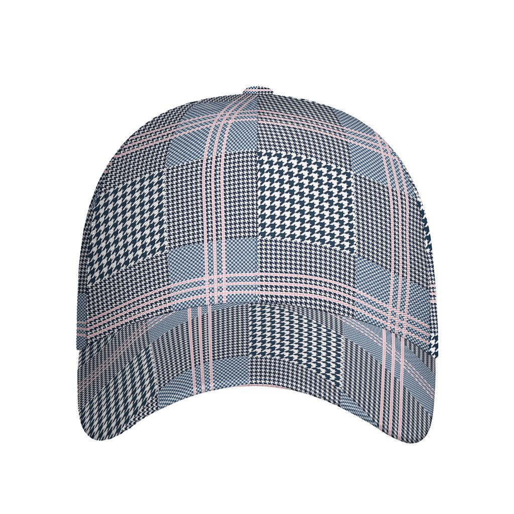 Navy And White Glen Plaid Print Baseball Cap