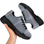 Navy And White Glen Plaid Print Black Chunky Shoes