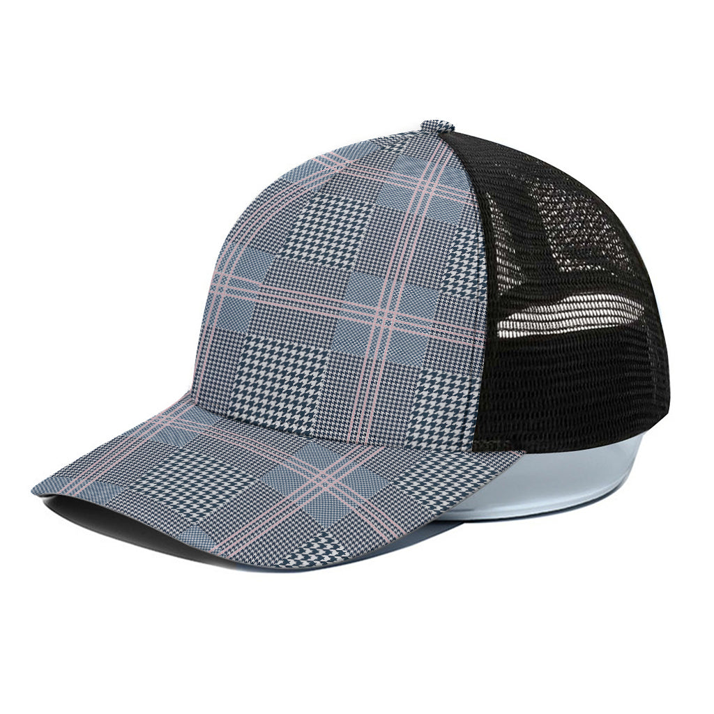 Navy And White Glen Plaid Print Black Mesh Trucker Cap