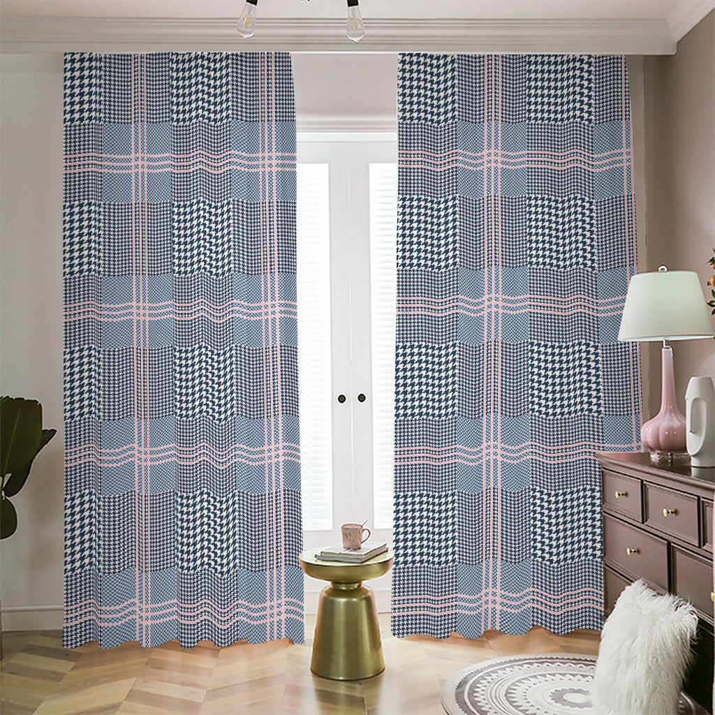 Navy And White Glen Plaid Print Blackout Pencil Pleat Curtains