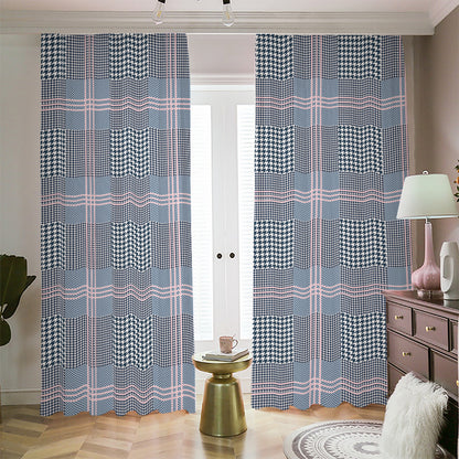 Navy And White Glen Plaid Print Blackout Pencil Pleat Curtains