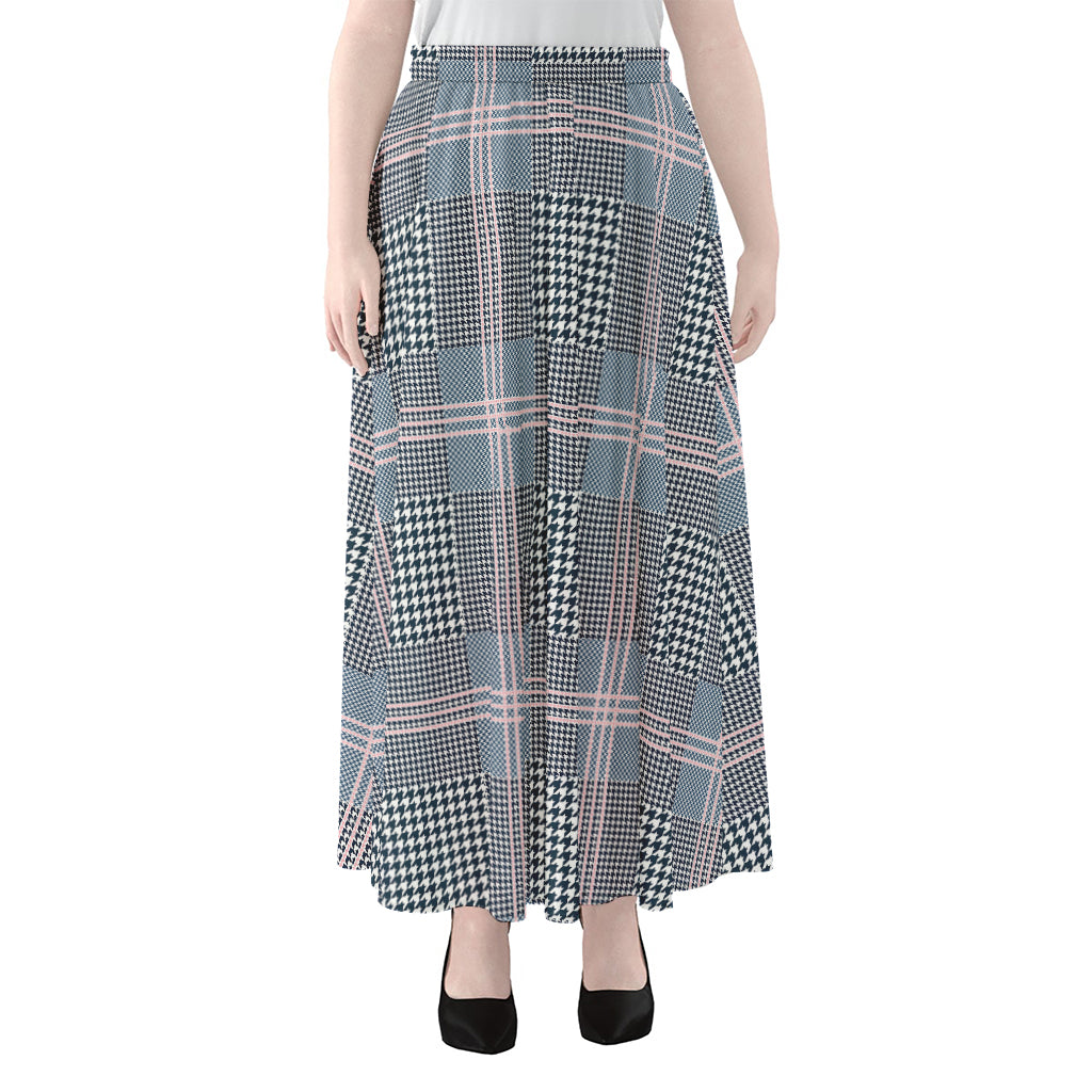 Navy And White Glen Plaid Print Chiffon Maxi Skirt