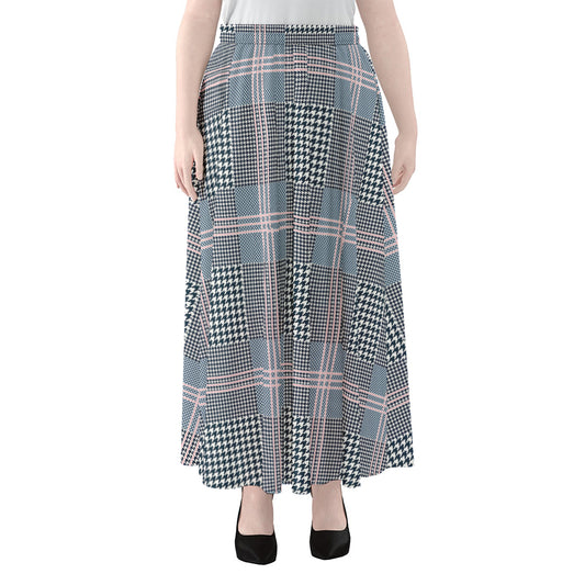 Navy And White Glen Plaid Print Chiffon Maxi Skirt