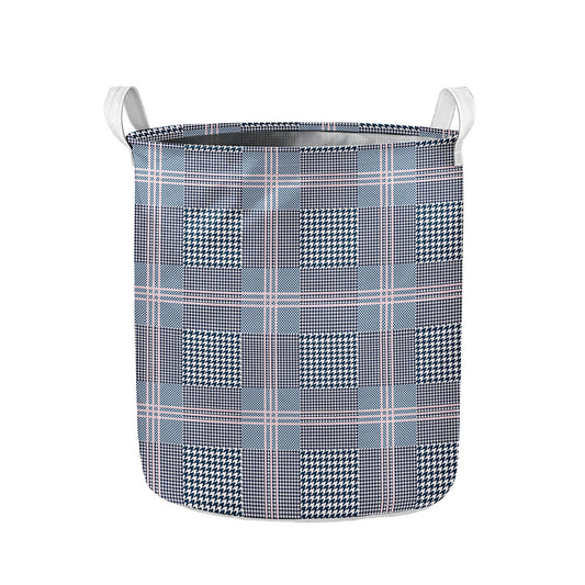 Navy And White Glen Plaid Print Collapsible Laundry Basket
