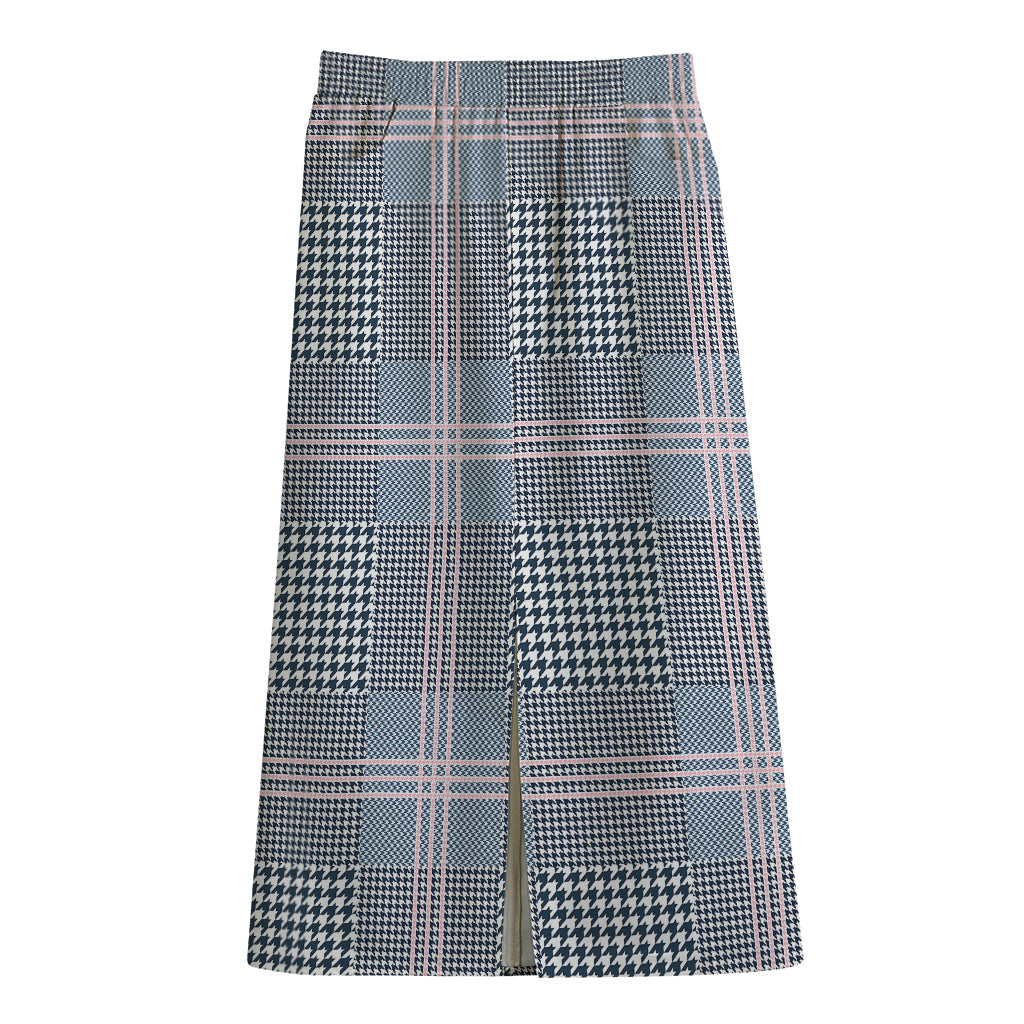 Navy And White Glen Plaid Print Cotton Front Slit Maxi Skirt