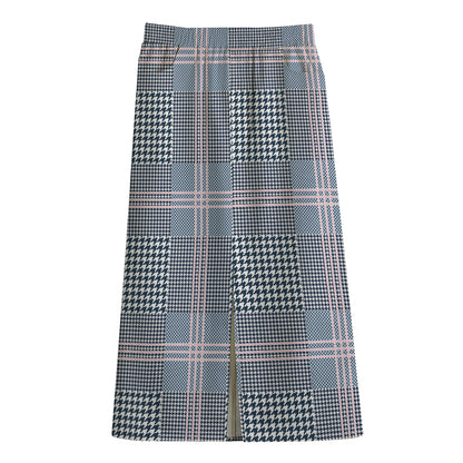 Navy And White Glen Plaid Print Cotton Front Slit Maxi Skirt