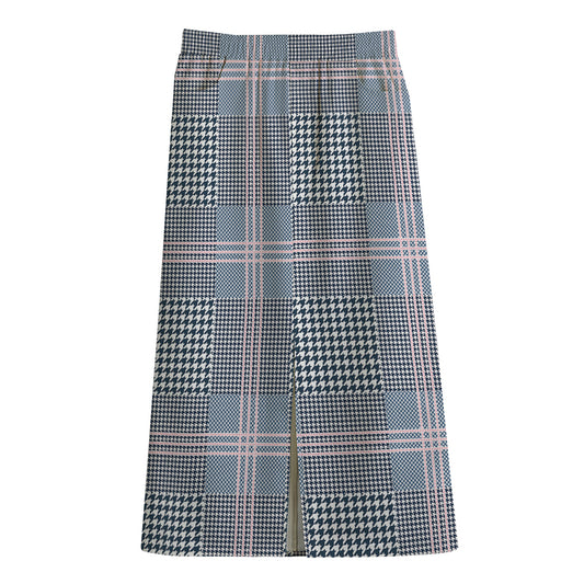 Navy And White Glen Plaid Print Cotton Front Slit Maxi Skirt