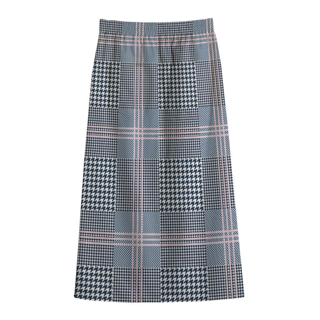 Navy And White Glen Plaid Print Cotton Front Slit Maxi Skirt