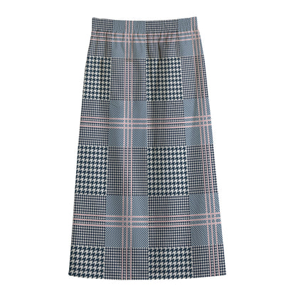 Navy And White Glen Plaid Print Cotton Front Slit Maxi Skirt
