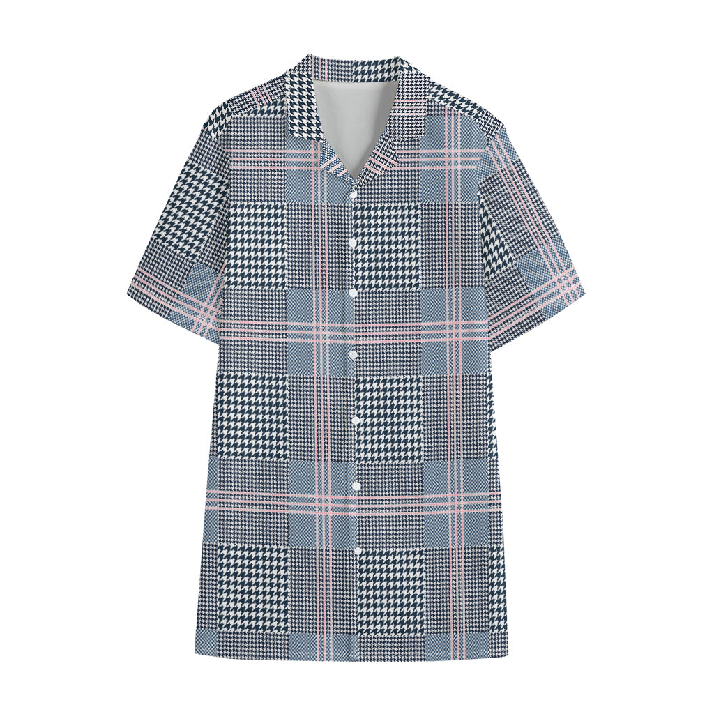 Navy And White Glen Plaid Print Cotton Hawaiian Shirt