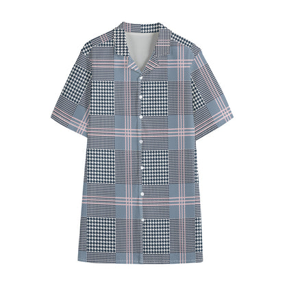 Navy And White Glen Plaid Print Cotton Hawaiian Shirt