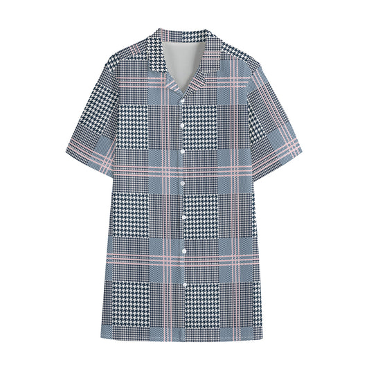 Navy And White Glen Plaid Print Cotton Hawaiian Shirt