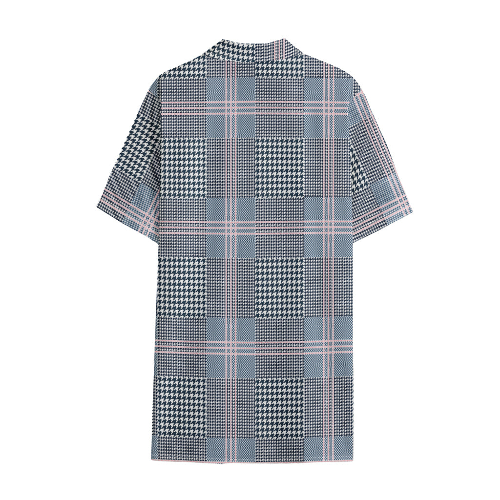 Navy And White Glen Plaid Print Cotton Hawaiian Shirt