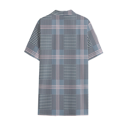 Navy And White Glen Plaid Print Cotton Hawaiian Shirt