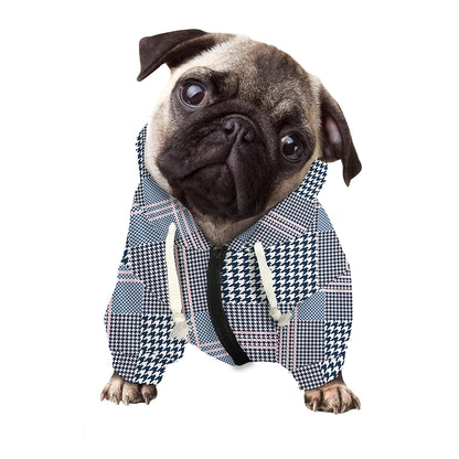 Navy And White Glen Plaid Print Dog Zip Up Hoodie