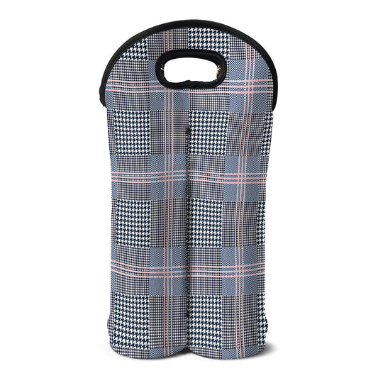 Navy And White Glen Plaid Print Double Neoprene Wine Tote
