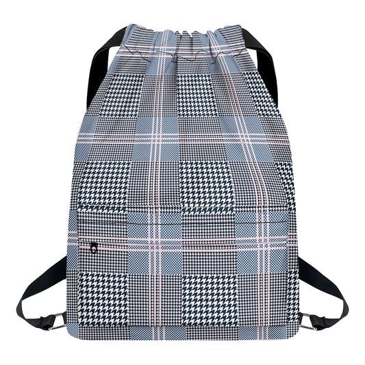 Navy And White Glen Plaid Print Drawstring Backpack