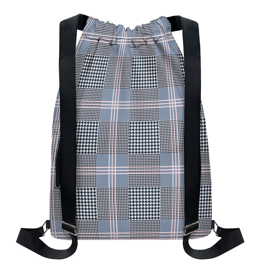 Navy And White Glen Plaid Print Drawstring Backpack