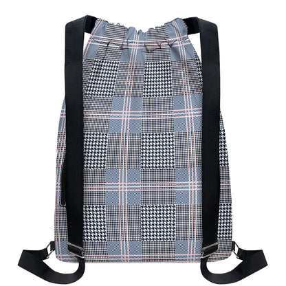 Navy And White Glen Plaid Print Drawstring Backpack