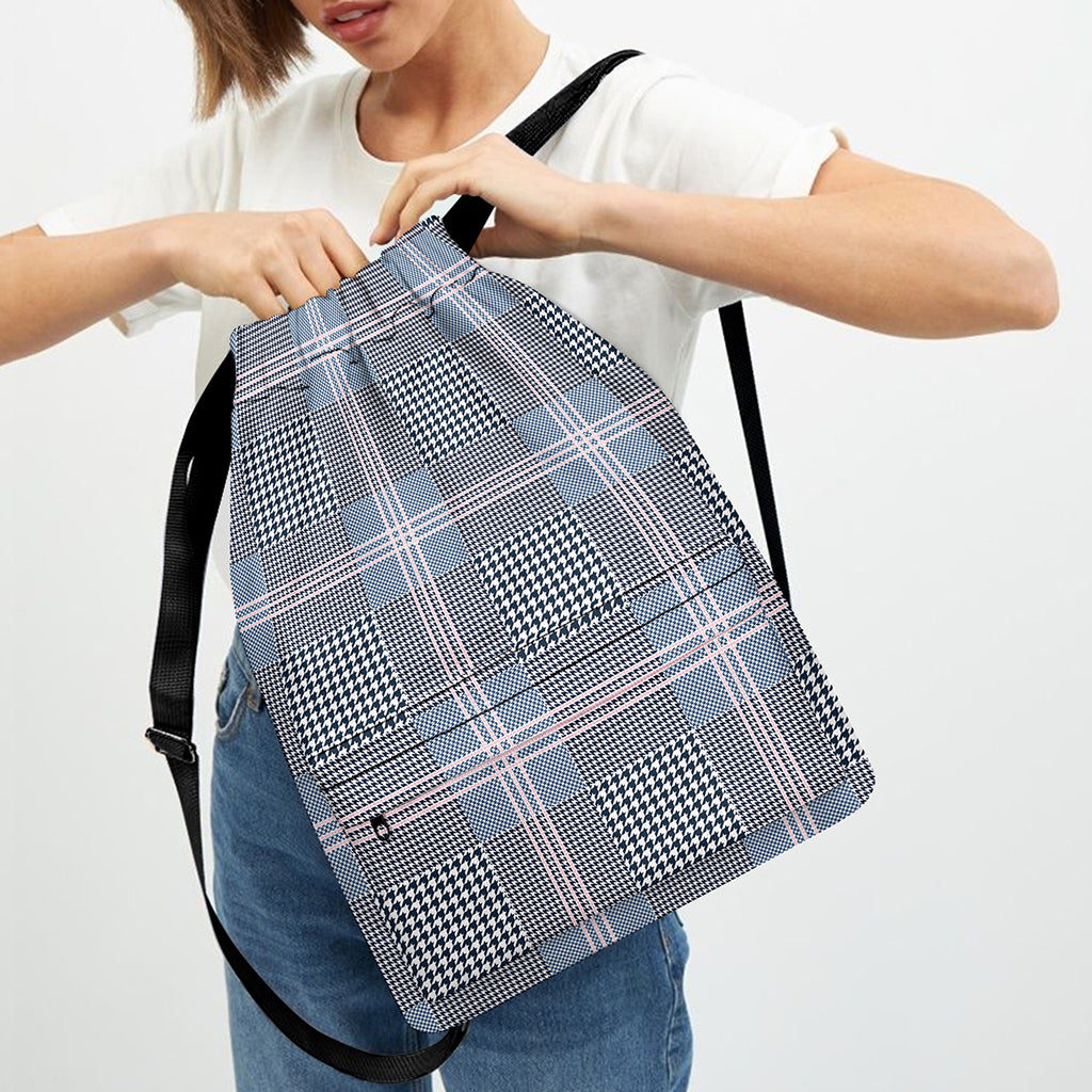 Navy And White Glen Plaid Print Drawstring Backpack