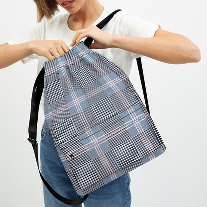 Navy And White Glen Plaid Print Drawstring Backpack