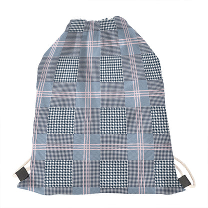 Navy And White Glen Plaid Print Drawstring Bag