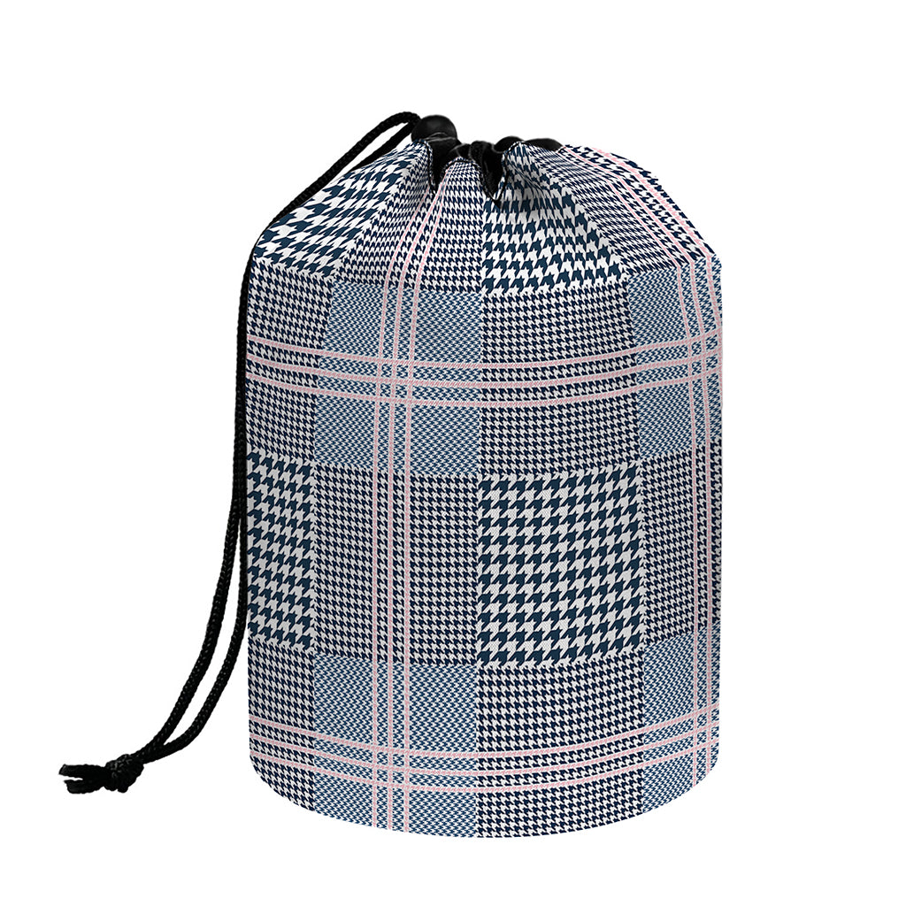 Navy And White Glen Plaid Print Drawstring Makeup Bag