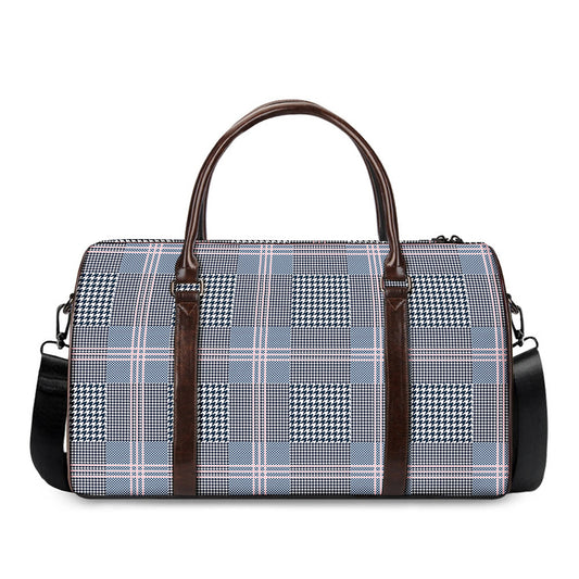 Navy And White Glen Plaid Print Duffle Bag