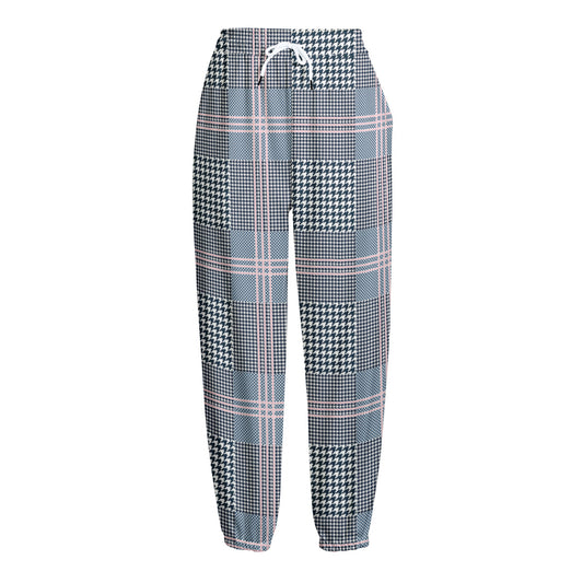 Navy And White Glen Plaid Print Fleece Lined Knit Pants