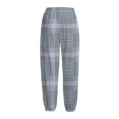 Navy And White Glen Plaid Print Fleece Lined Knit Pants